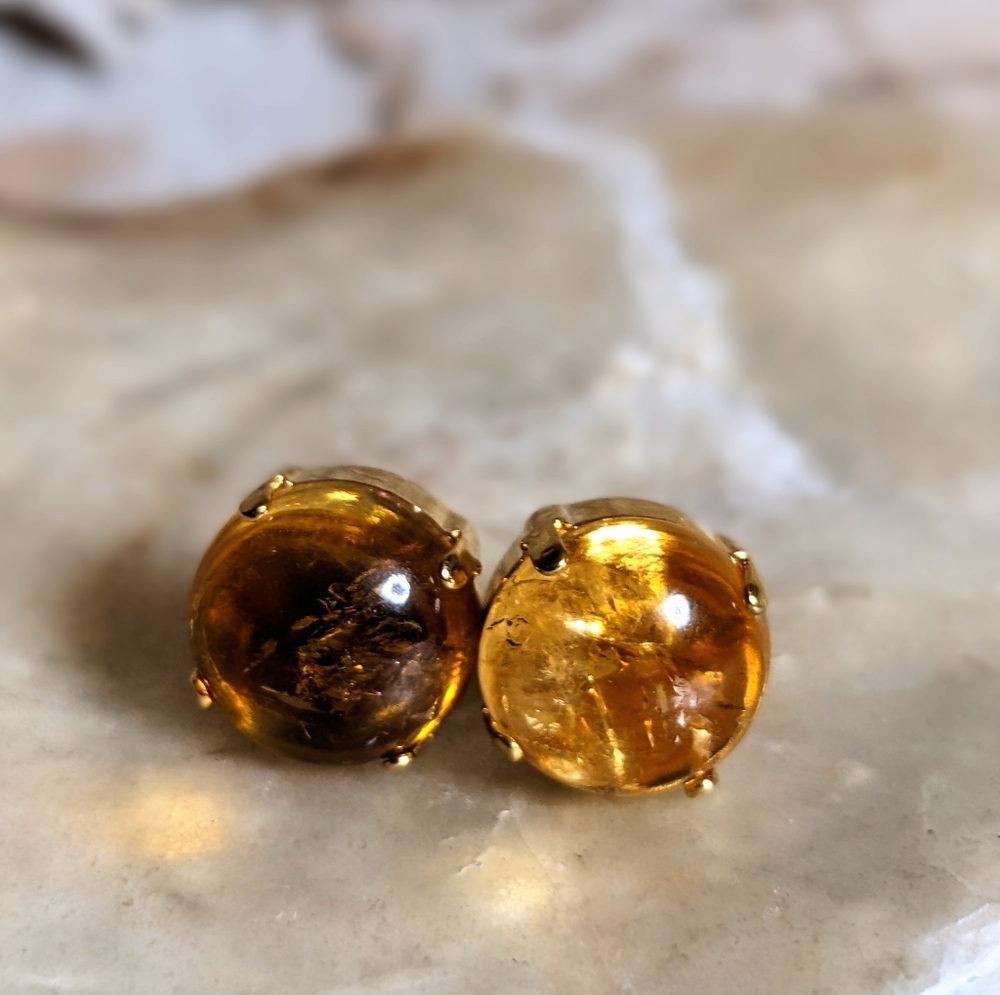 12 Carats Natural Honey Citrine Domed In 18k Gold Plated Stud Earrings